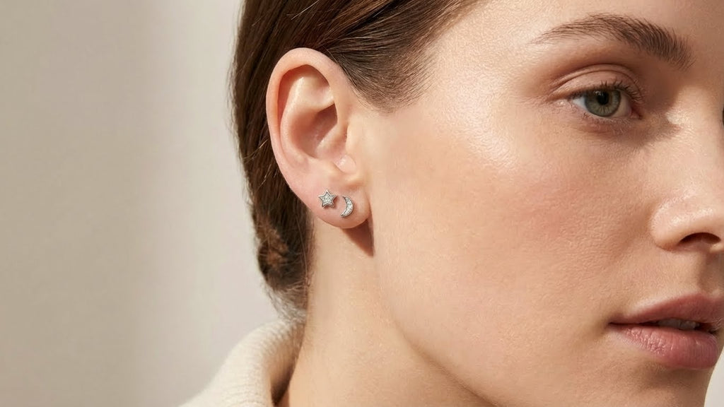 Asymmetric Star & Moon CZ Stud Earrings