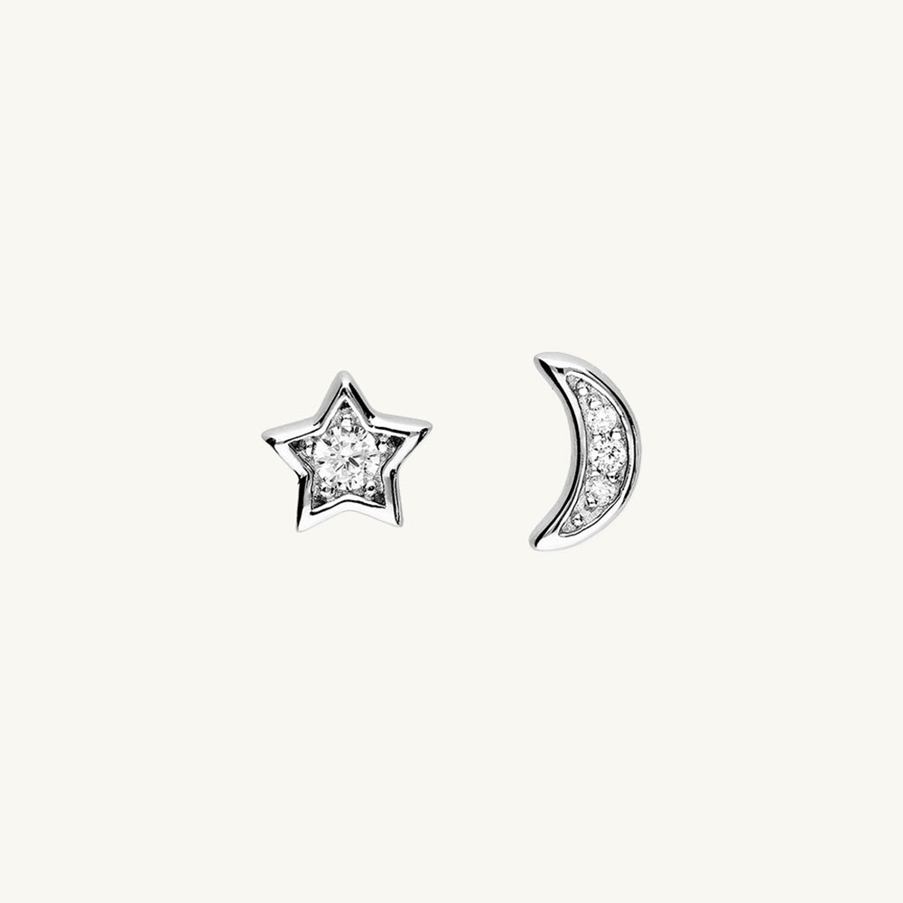 Asymmetric Star & Moon CZ Stud Earrings