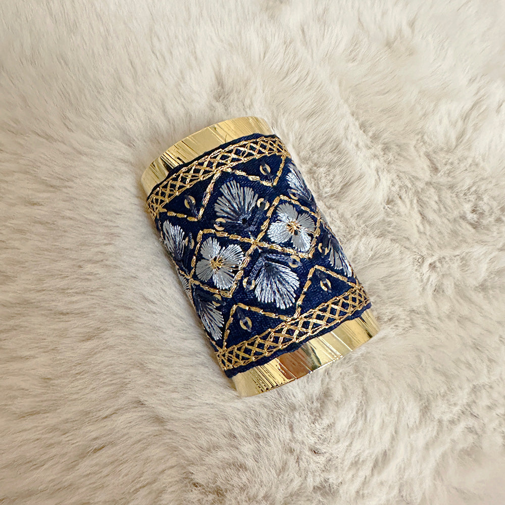 Hand-Finished Embroidered Brocade Hair Pin — Navy & Gold Lattice Floral