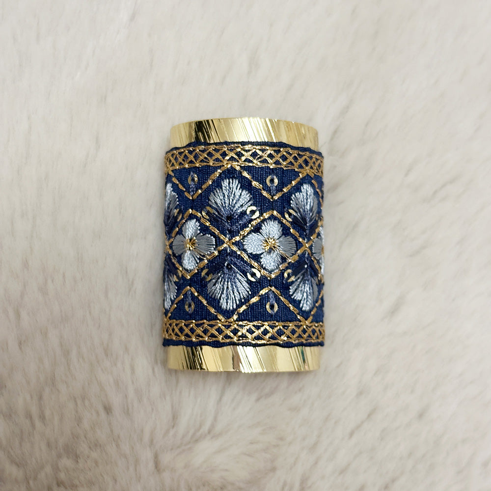 Hand-Finished Embroidered Brocade Hair Pin — Navy & Gold Lattice Floral