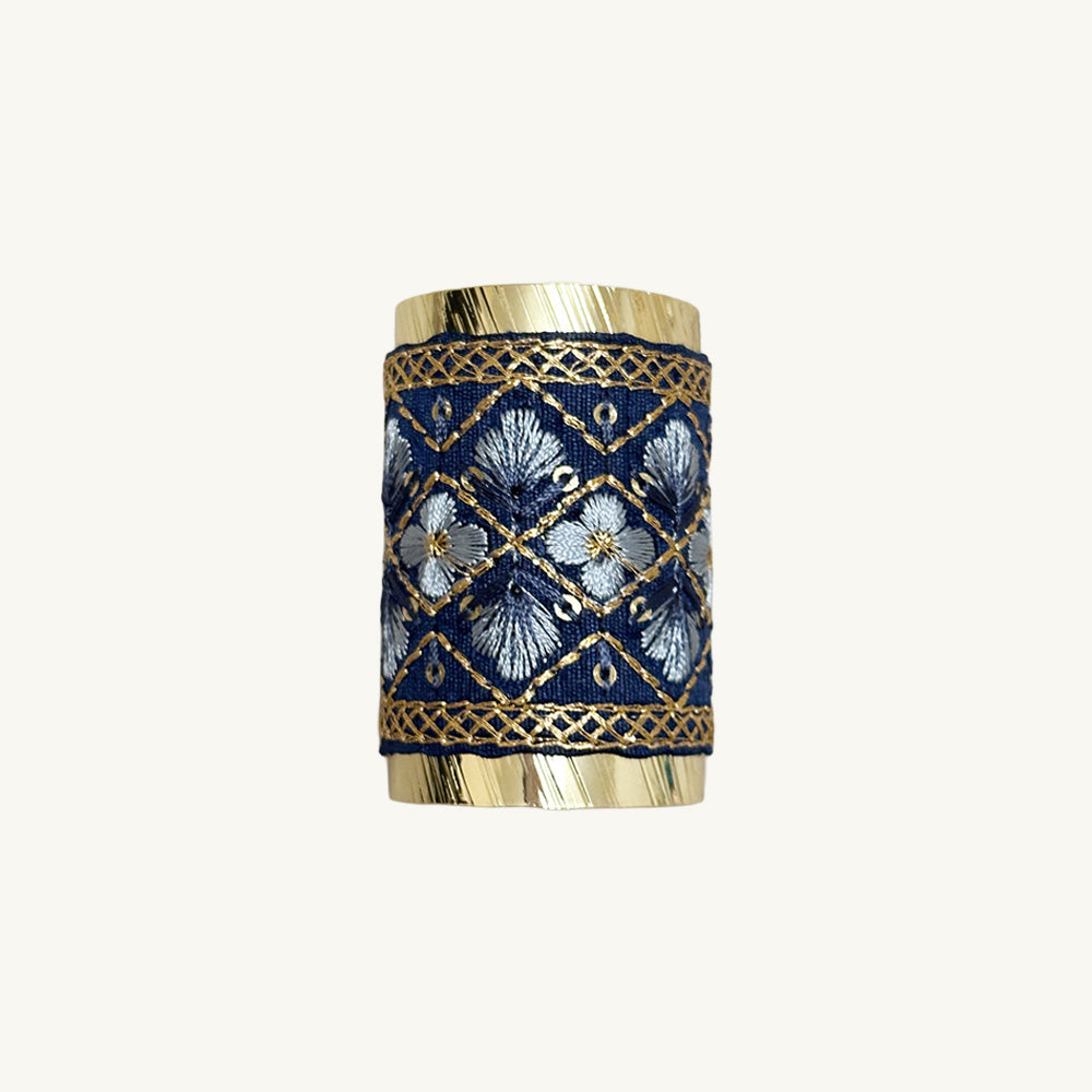 Hand-Finished Embroidered Brocade Hair Pin — Navy & Gold Lattice Floral