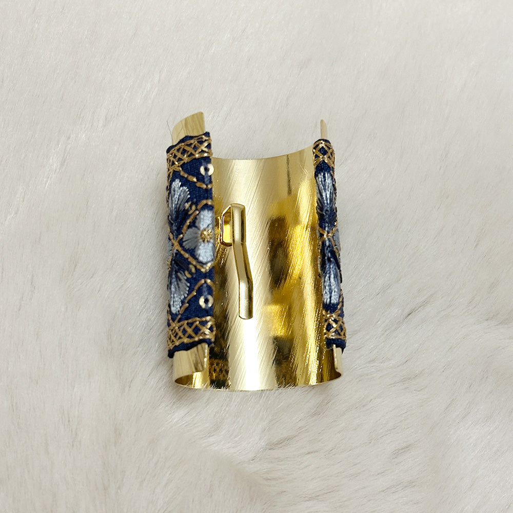 Hand-Finished Embroidered Brocade Hair Pin — Navy & Gold Lattice Floral