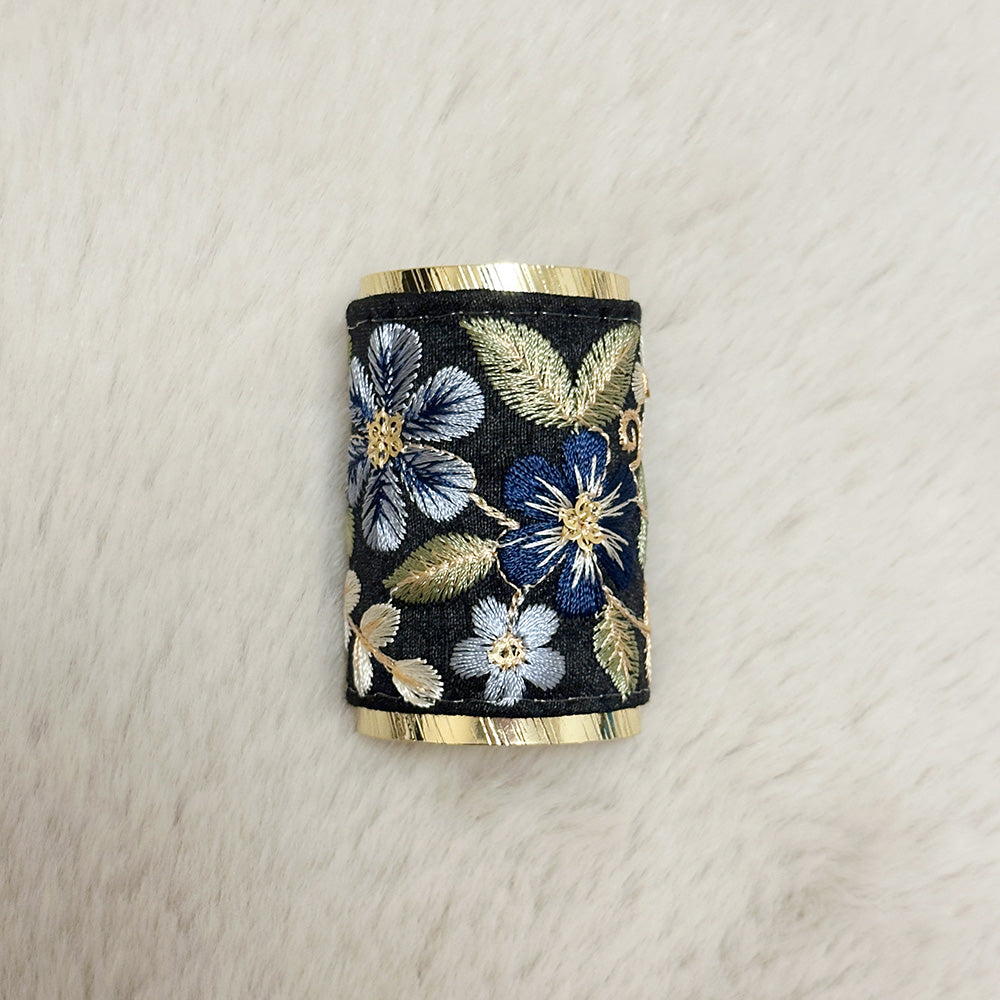 Hand-Finished Embroidered Brocade Hair Pin — Black & Blue Floral