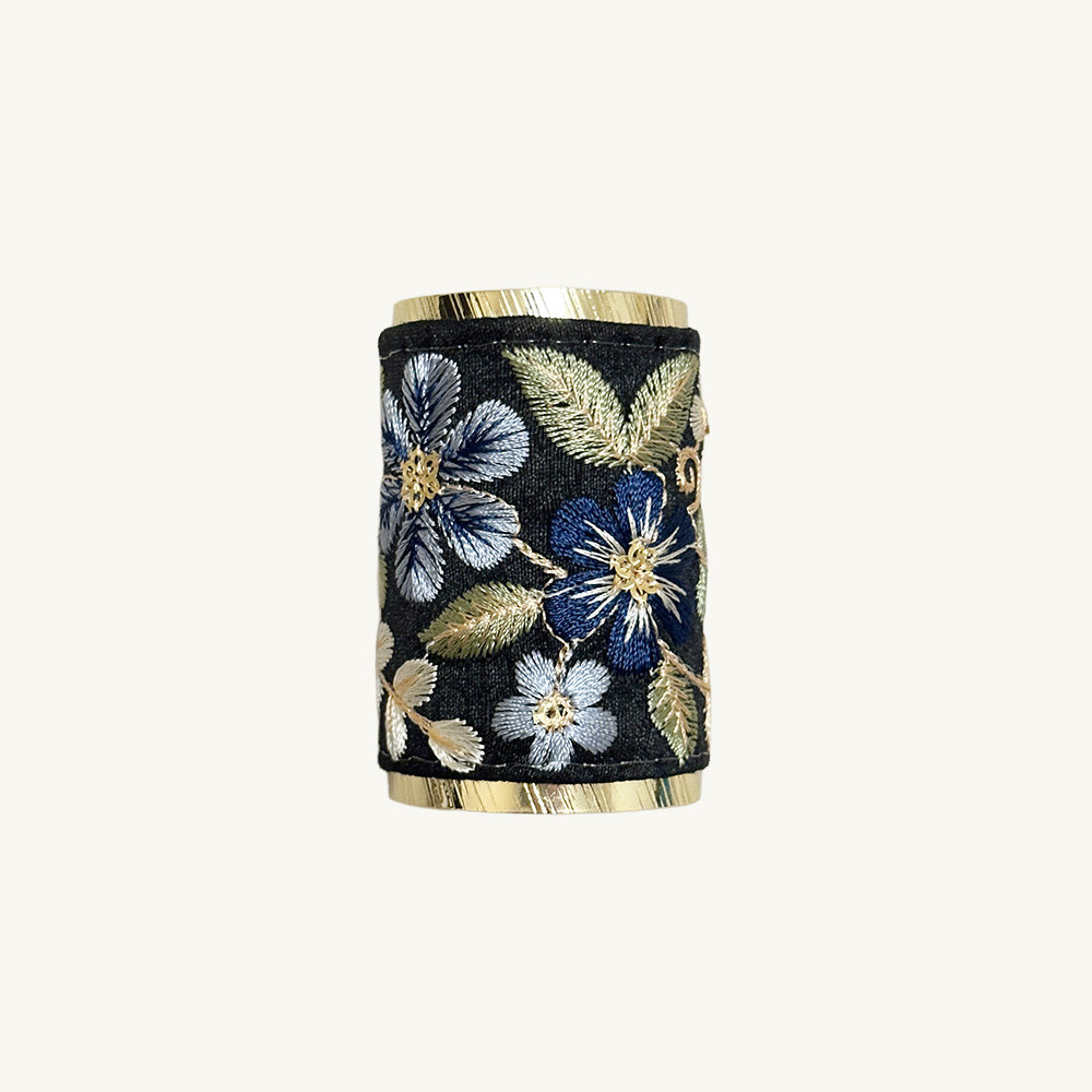 Hand-Finished Embroidered Brocade Hair Pin — Black & Blue Floral