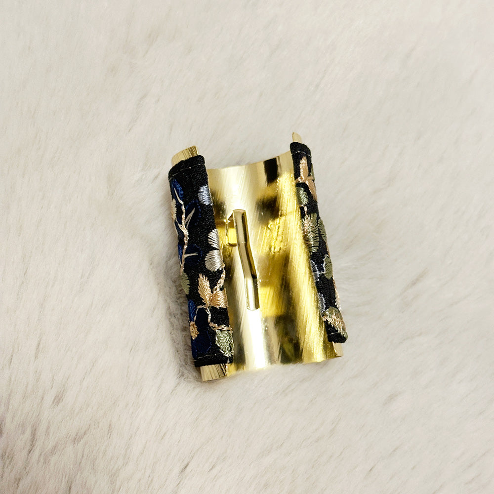 Hand-Finished Embroidered Brocade Hair Pin — Black & Blue Floral