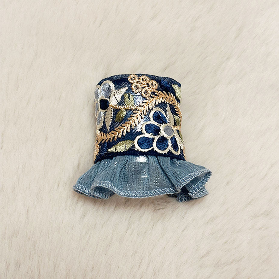 Hand-Finished Embroidered Brocade Hair Pin  — Blue & Gold with Ruffle