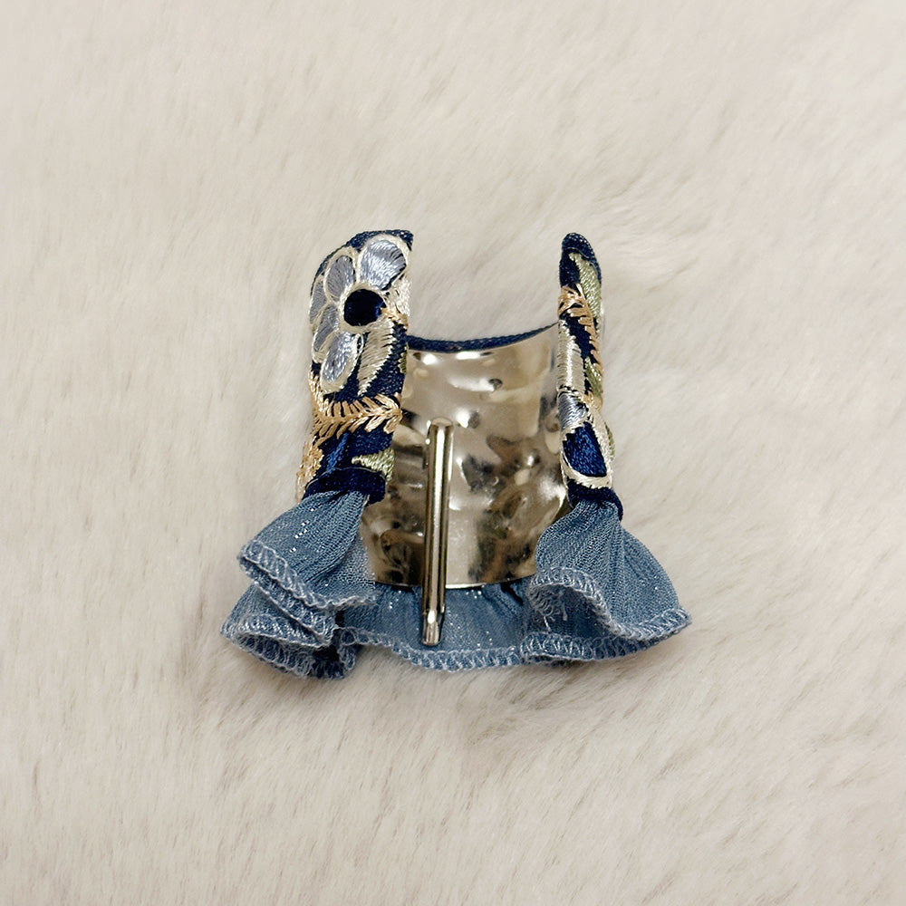 Hand-Finished Embroidered Brocade Hair Pin  — Blue & Gold with Ruffle