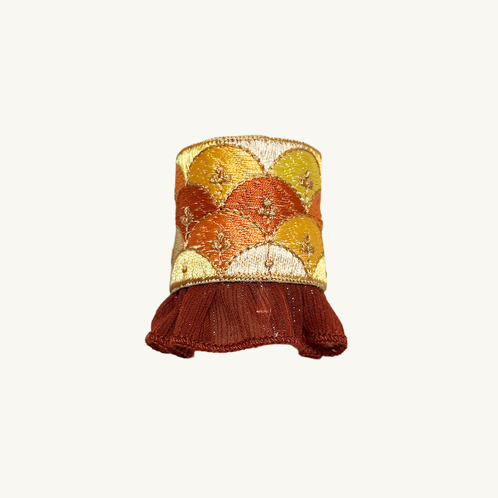 Hand-Finished Embroidered Brocade Hair Pin — Amber with Ruffle