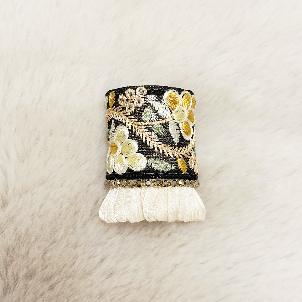 Hand-Finished Embroidered Brocade Hair Pin — Black & Gold with Ruffle