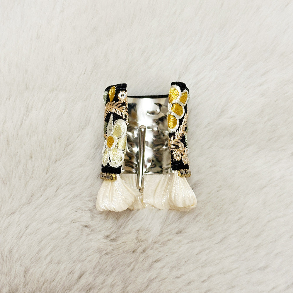 Hand-Finished Embroidered Brocade Hair Pin — Black & Gold with Ruffle