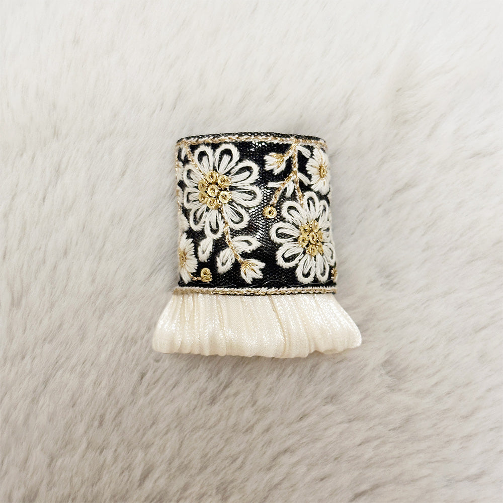 Hand-Finished Embroidered Brocade Hair Pin  — Black, Ivory & Gold Daisy with Ruffle