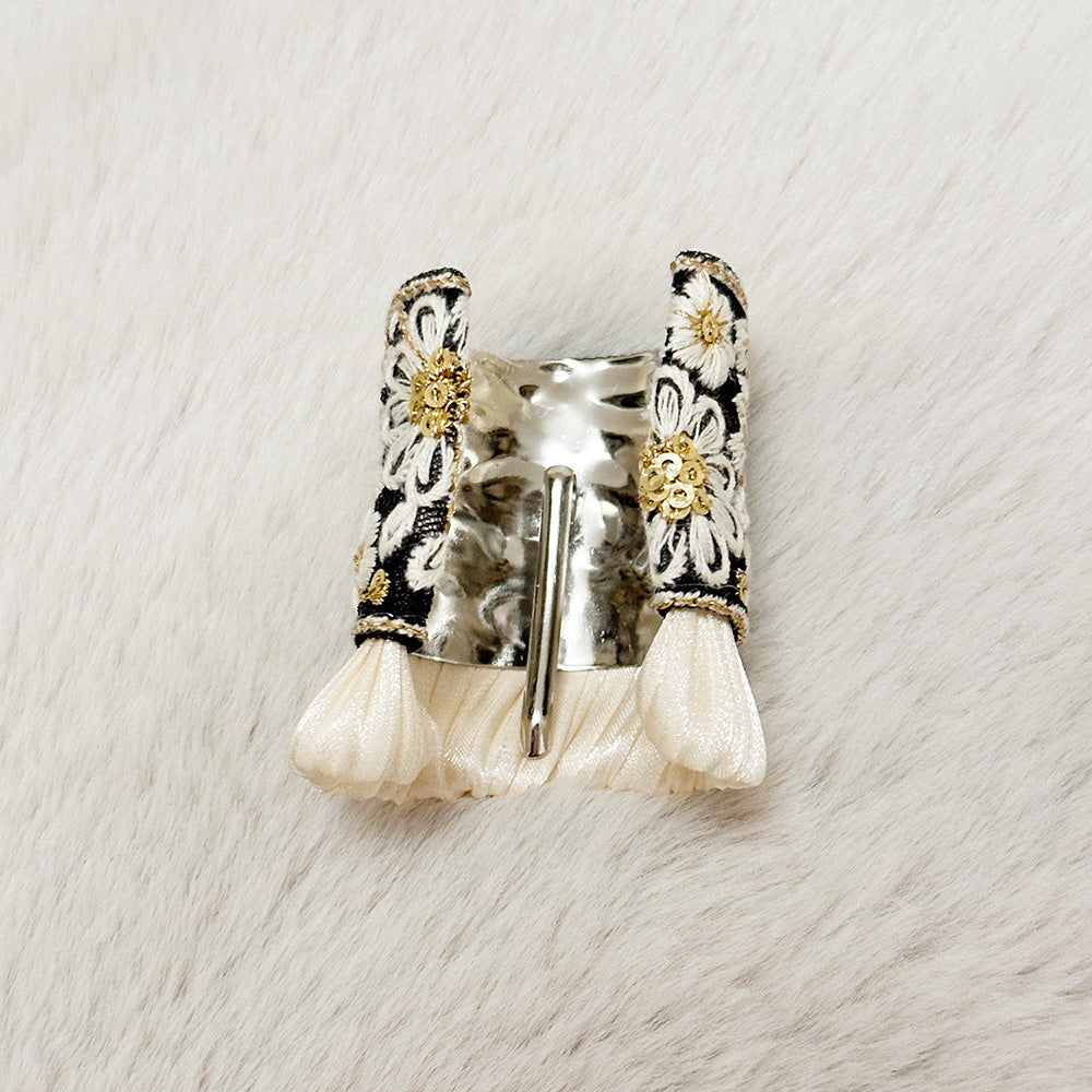 Hand-Finished Embroidered Brocade Hair Pin  — Black, Ivory & Gold Daisy with Ruffle