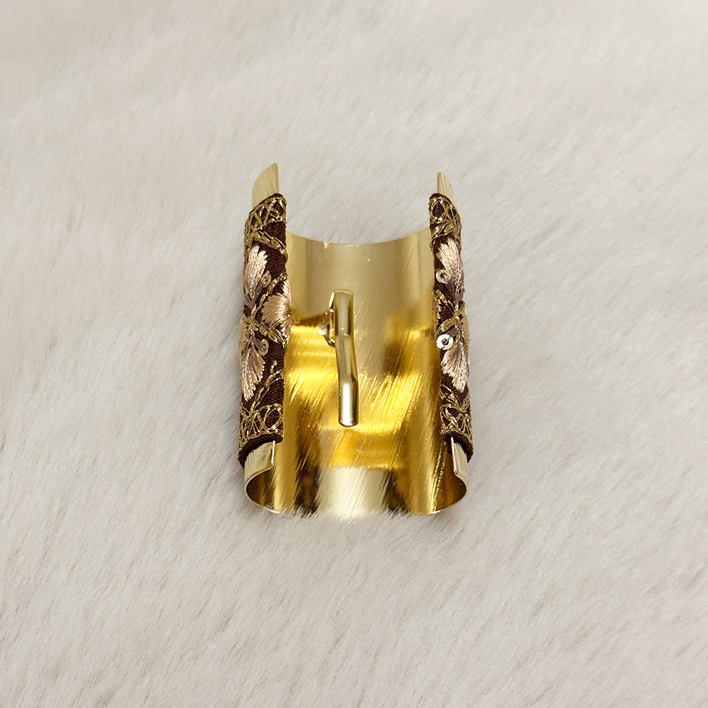 Hand-Finished Embroidered Brocade Hair Pin — Brown & Gold Lattice Floral