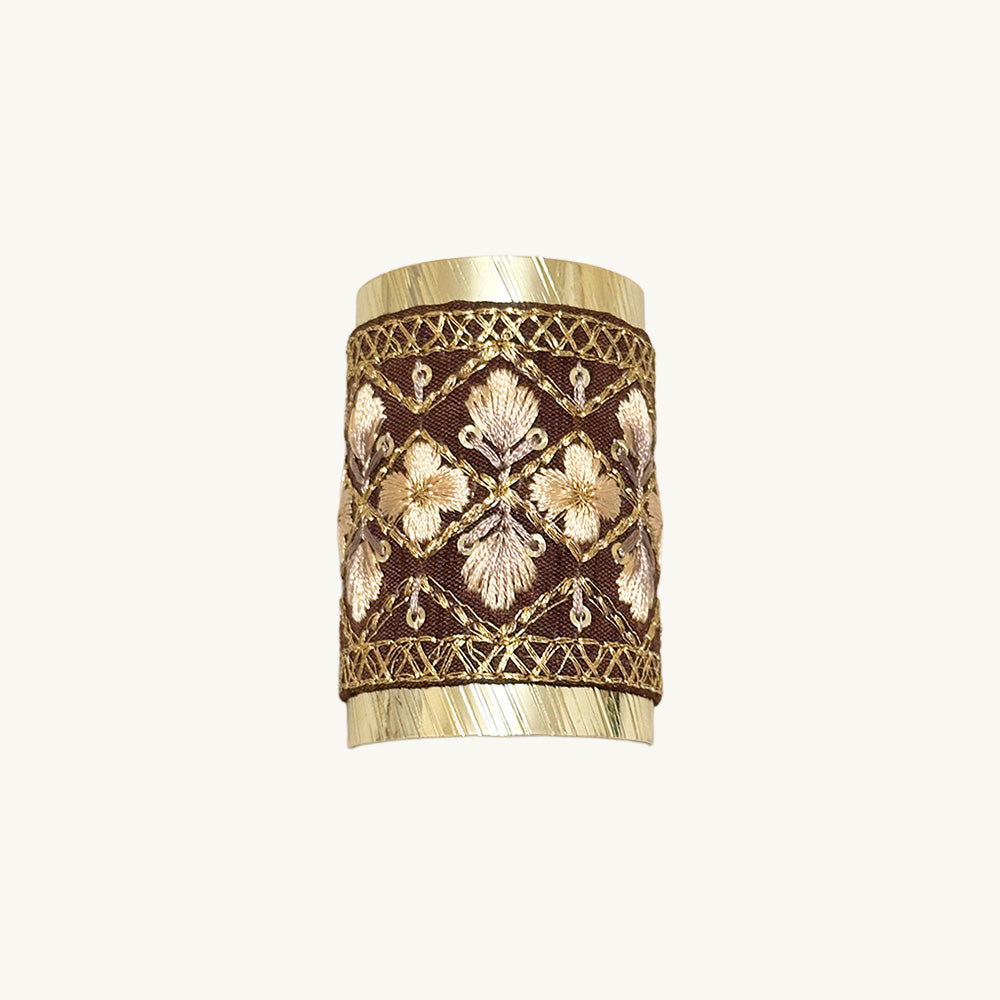 Hand-Finished Embroidered Brocade Hair Pin — Brown & Gold Lattice Floral