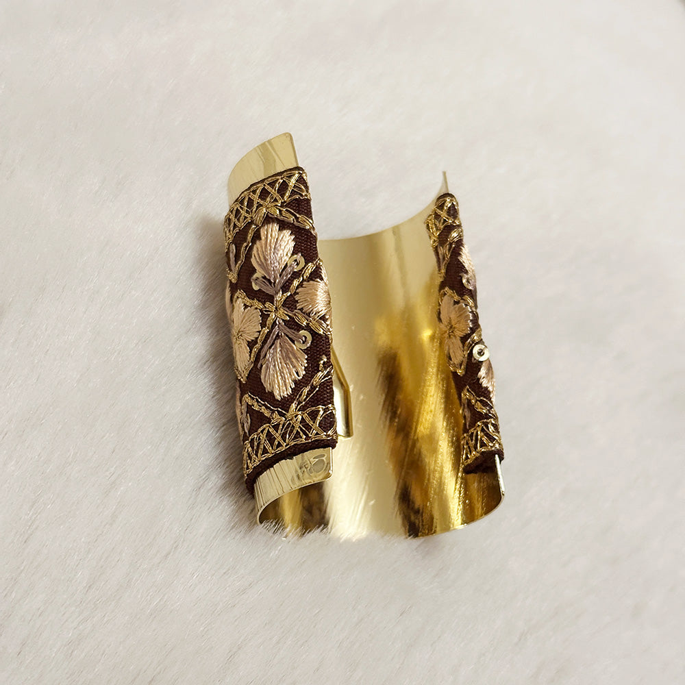 Hand-Finished Embroidered Brocade Hair Pin — Brown & Gold Lattice Floral