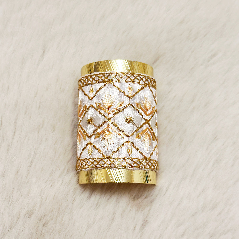 Hand-Finished Embroidered Brocade Hair Pin — White & Gold Lattice Floral