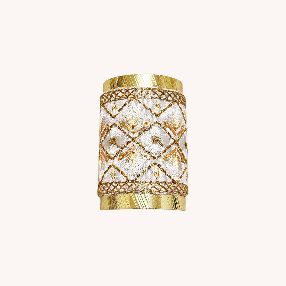 Hand-Finished Embroidered Brocade Hair Pin — White & Gold Lattice Floral