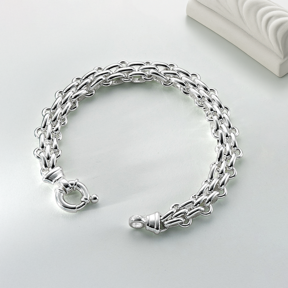Handmade Brick Chain Bracelet with Designer Bolt Ring, 10 mm – Sterling Silver