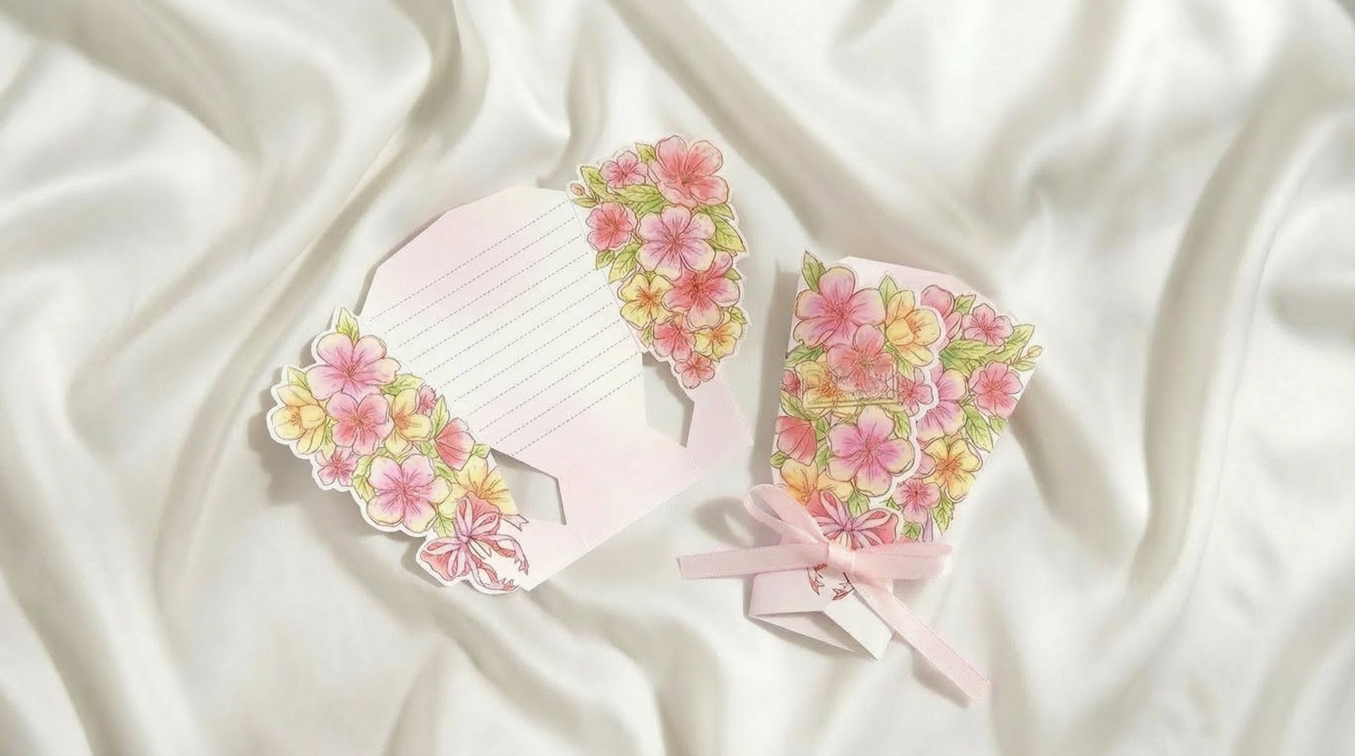 Fold-open Floral Bouquet greeting card - Pink and Yellow