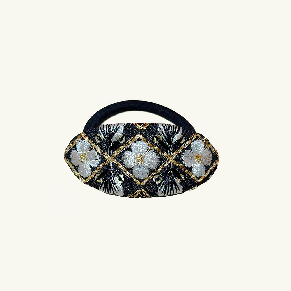 Hand-Finished Embroidered Brocade Hair Tie — Black