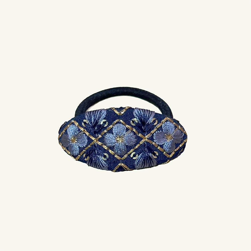 Hand-Finished Embroidered Brocade Hair Tie — Navy