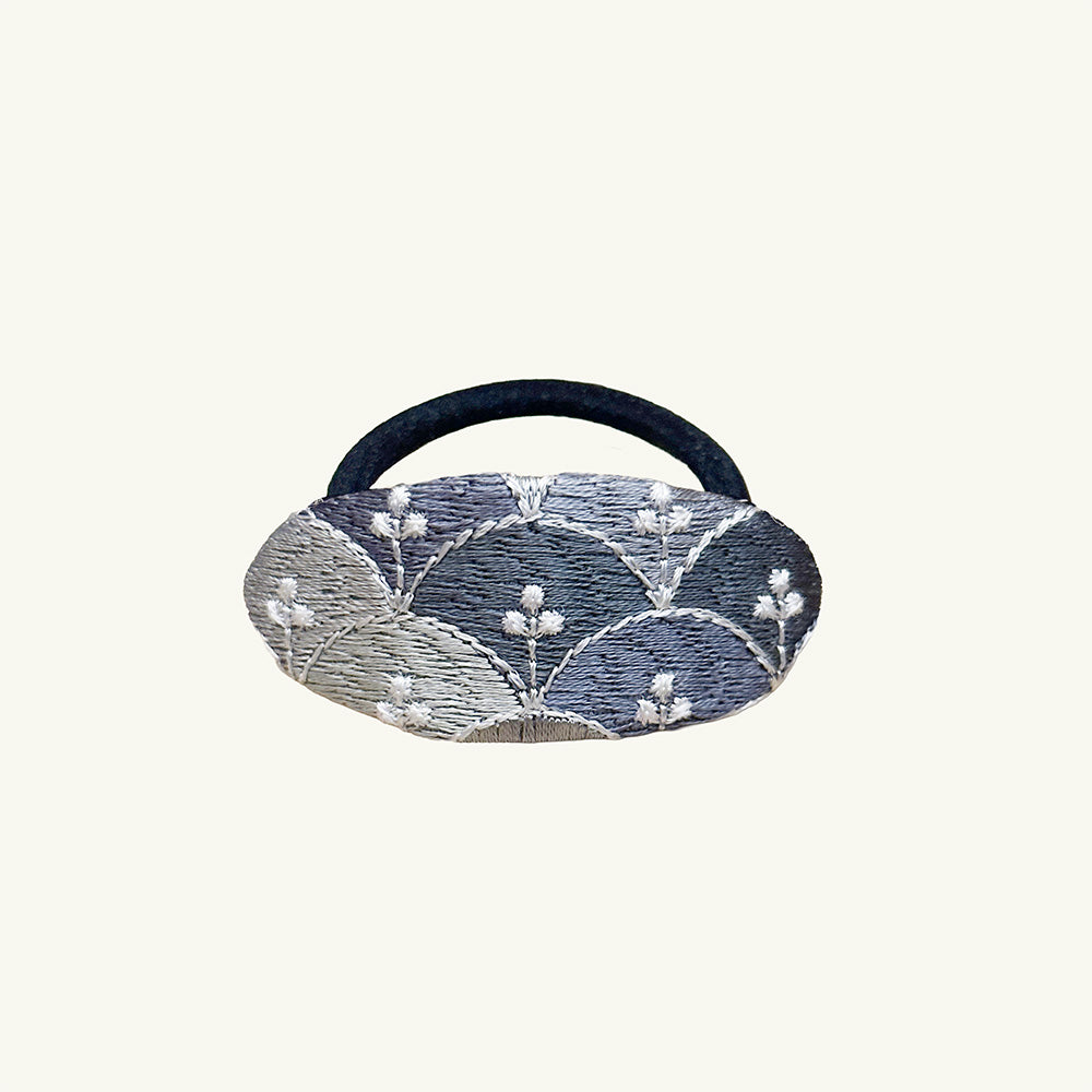 Hand-Finished Embroidered Brocade Hair Tie — Pale Blue