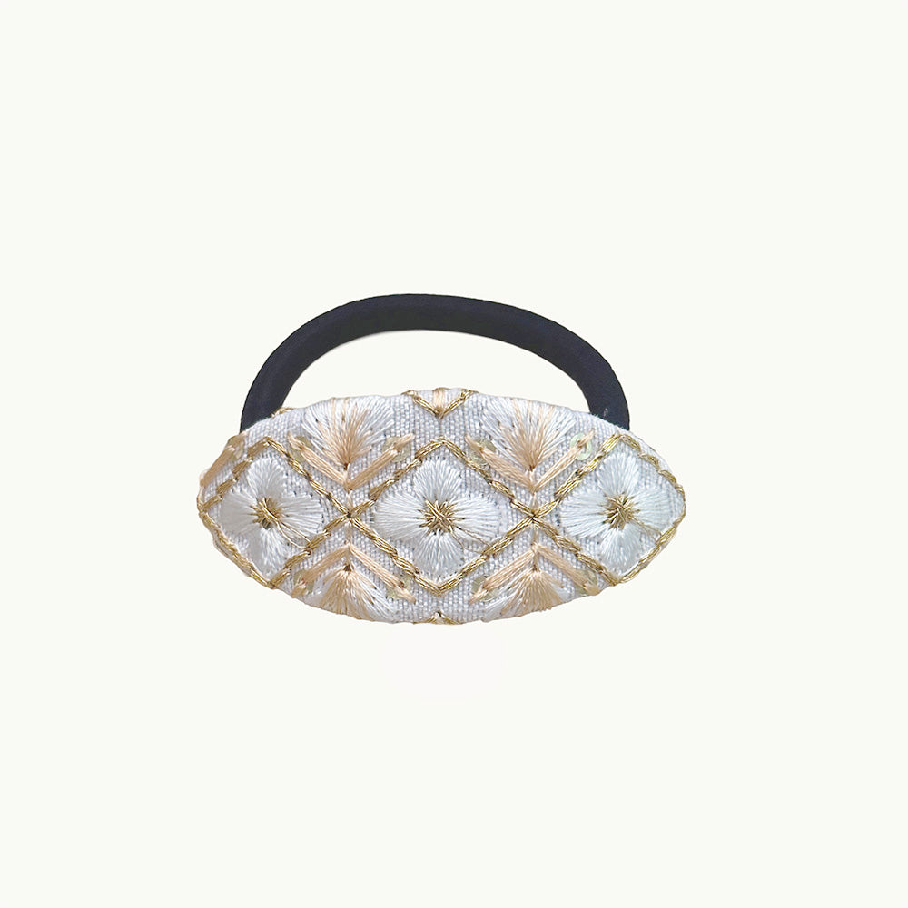 Hand-Finished Embroidered Brocade Hair Tie — White